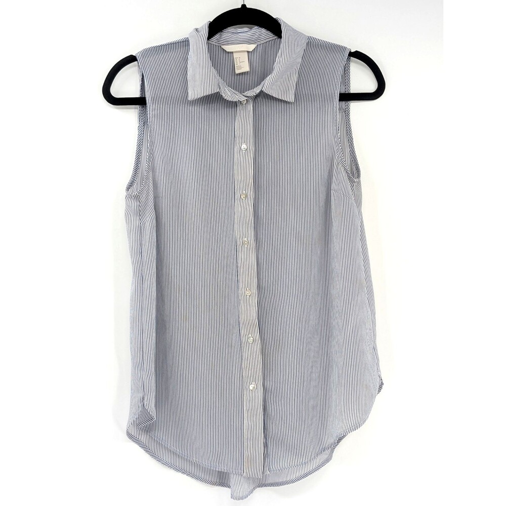 H&M Blue White Striped Sleeveless Button Up Collared Semi-Sheer Tank Blouse 6